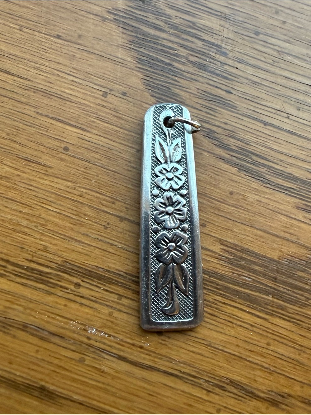 Floral Engraved Silver Bar Pendant